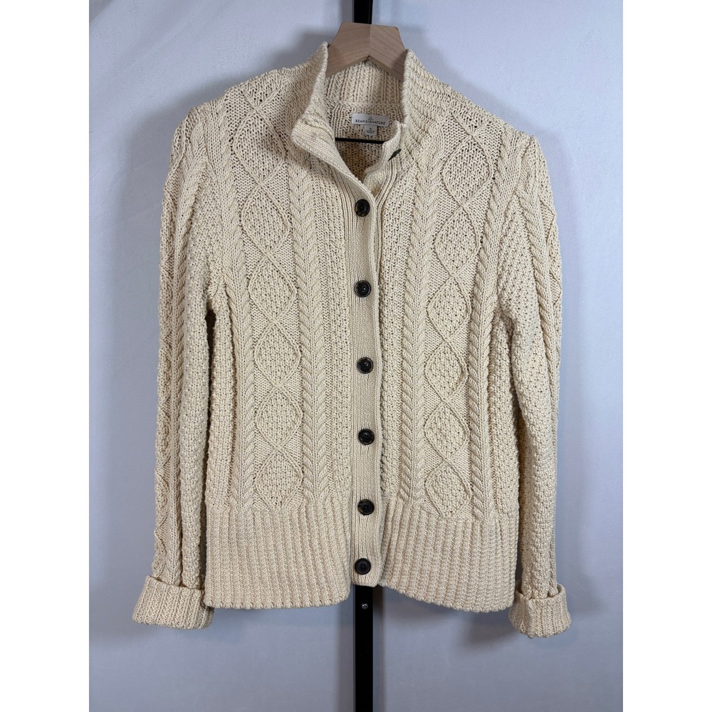 LL Bean Signature Cardigan Women Small Cream Cable Knit Cotton Sweater Classic
